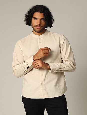 Chemise unie en lin avec col mao et manches longues 'Deeluxe'