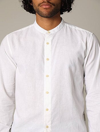 Chemise unie en lin avec col mao et manches longues 'Deeluxe'