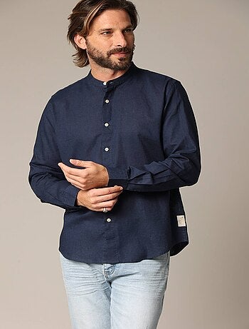 Chemise unie en lin avec col mao et manches longues 'Deeluxe'