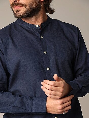 Chemise unie en lin avec col mao et manches longues 'Deeluxe'