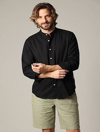 Chemise unie en lin avec col mao et manches longues 'Deeluxe'