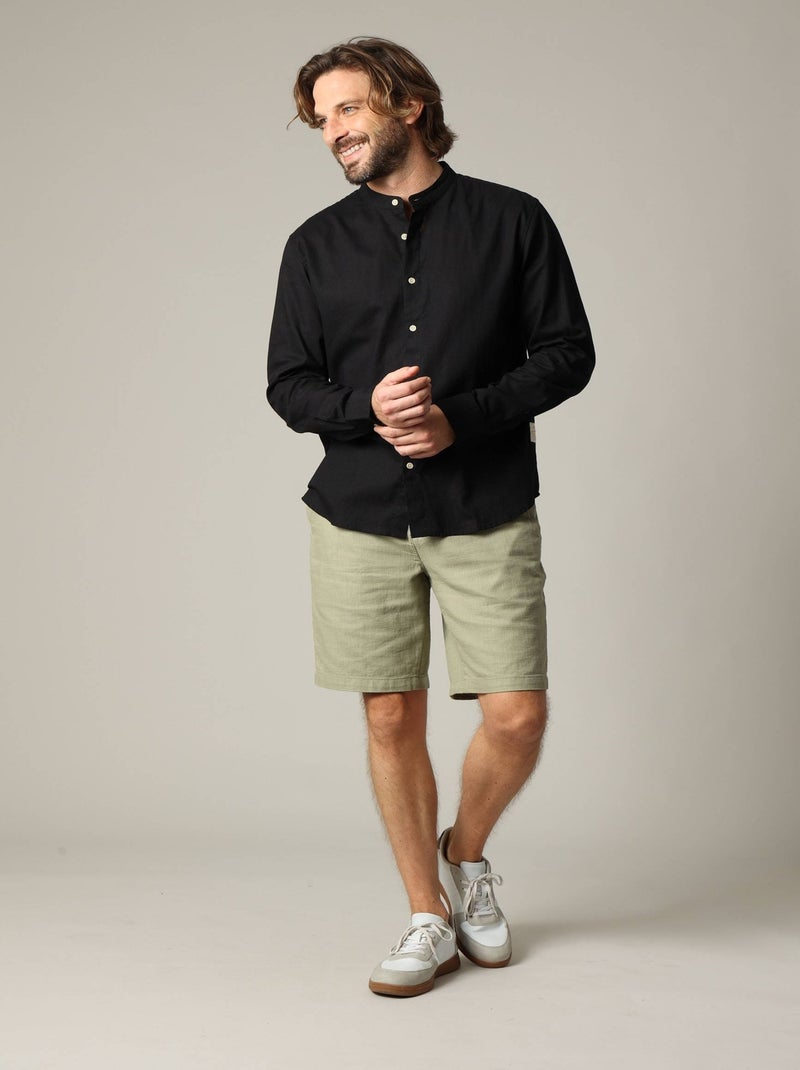 Chemise unie en lin avec col mao et manches longues 'Deeluxe' Noir - Kiabi