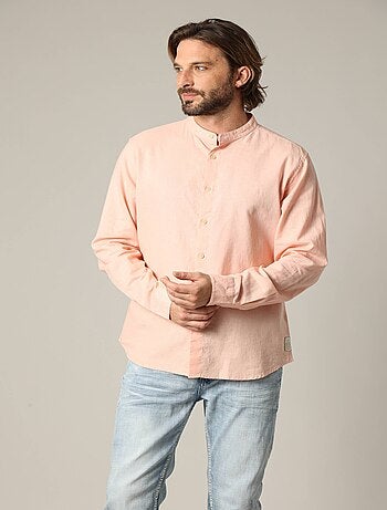 Chemise unie en lin avec col mao et manches longues 'Deeluxe'