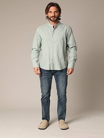 Chemise unie en lin avec col mao et manches longues 'Deeluxe'