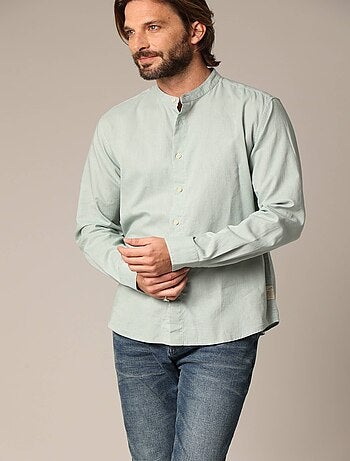 Chemise unie en lin avec col mao et manches longues 'Deeluxe'