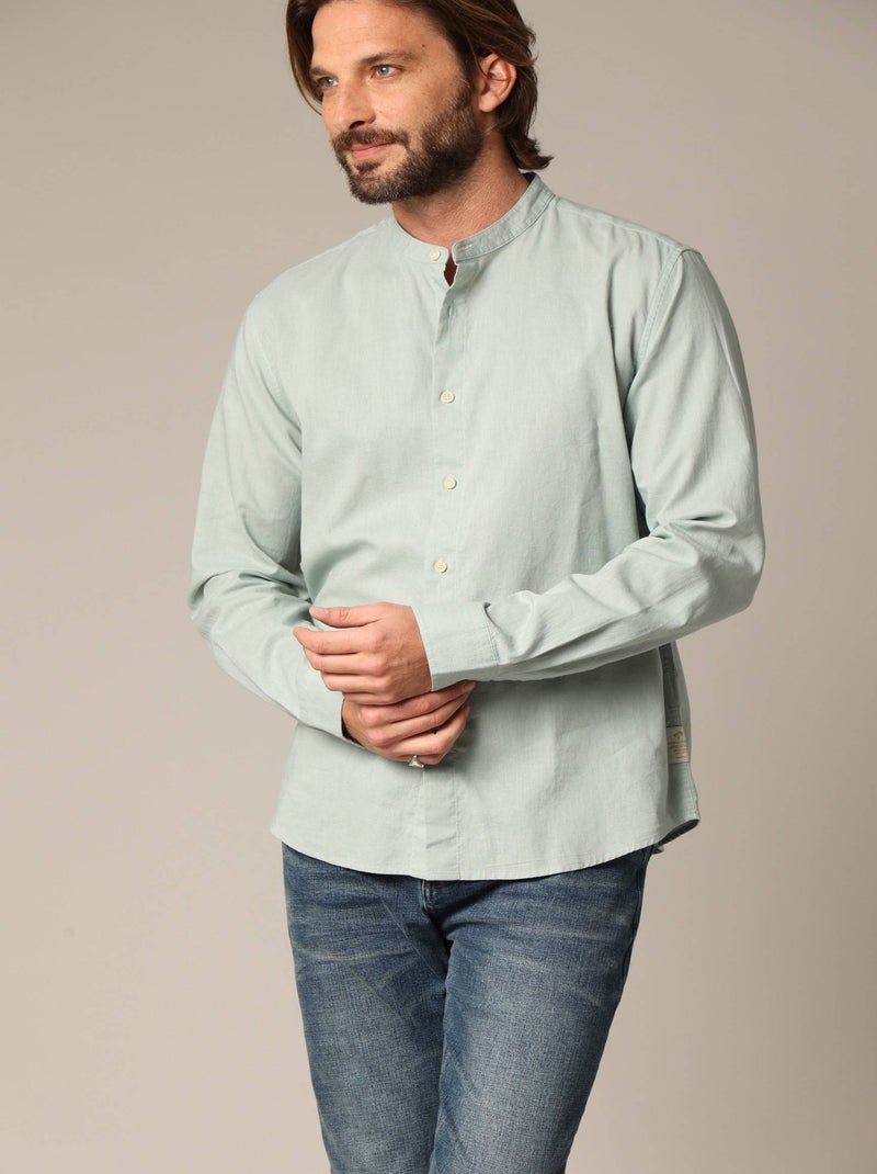 Chemise unie en lin avec col mao et manches longues 'Deeluxe' Vert tilleul - Kiabi