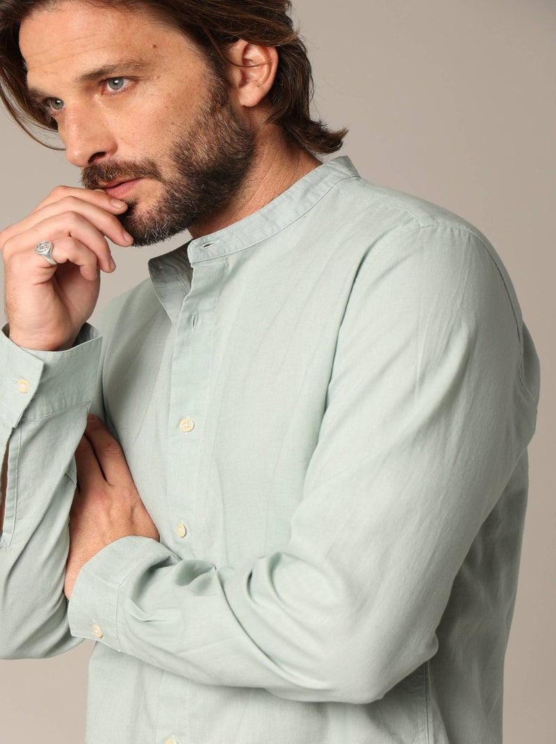 Chemise unie en lin avec col mao et manches longues 'Deeluxe' Vert tilleul - Kiabi