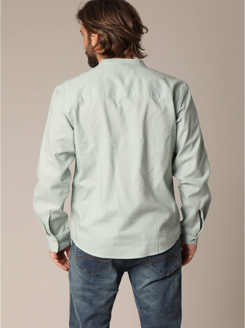 Chemise unie en lin avec col mao et manches longues 'Deeluxe' Vert tilleul - Kiabi