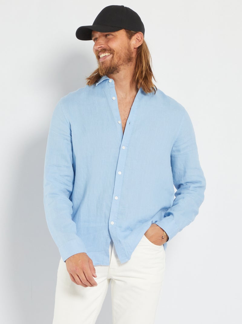 Chemise unie en lin Bleu - Kiabi