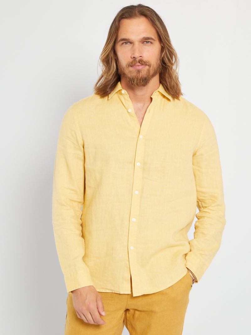 Chemise unie en lin jaune - Kiabi