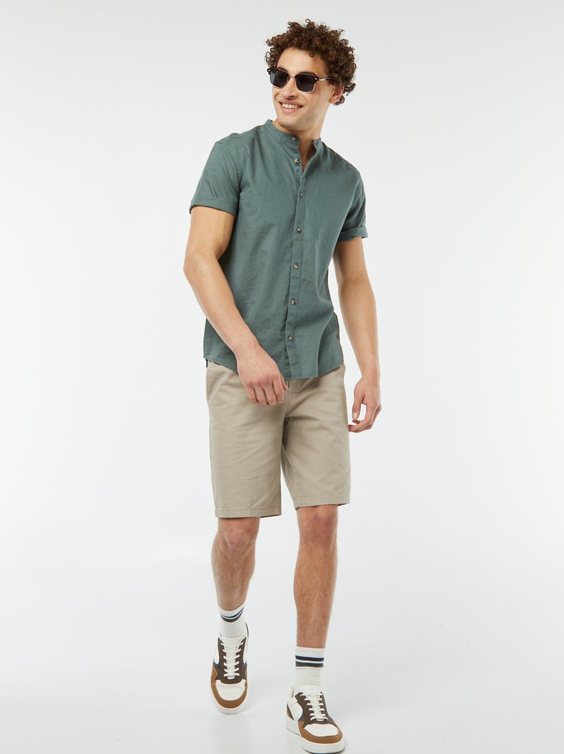 Chemise unie manches courtes col mao Vert - Kiabi