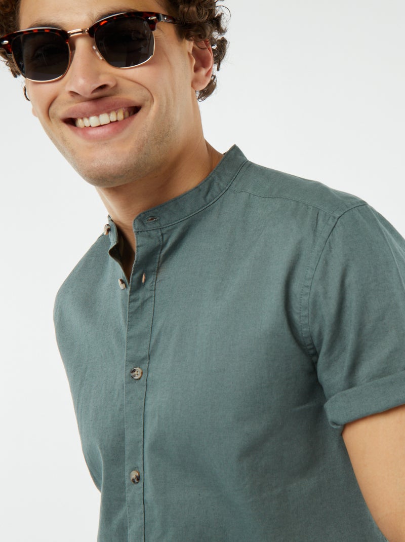 Chemise unie manches courtes col mao Vert - Kiabi