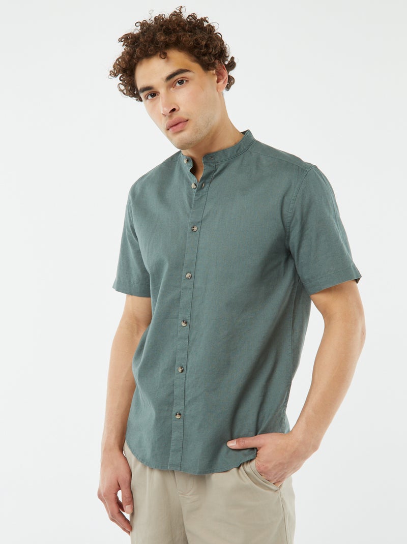 Chemise unie manches courtes col mao Vert - Kiabi