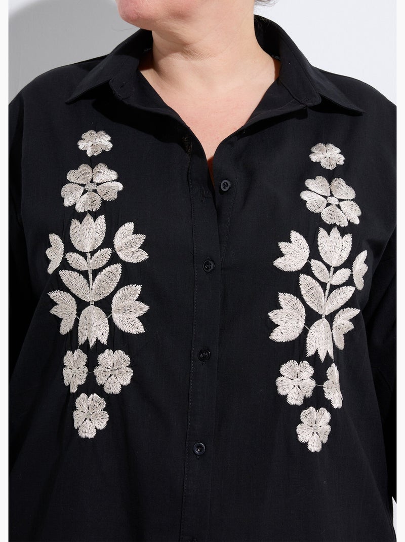 Chemiser boutonné avec broderies fleurs - AFIBEL Noir Beige - Kiabi