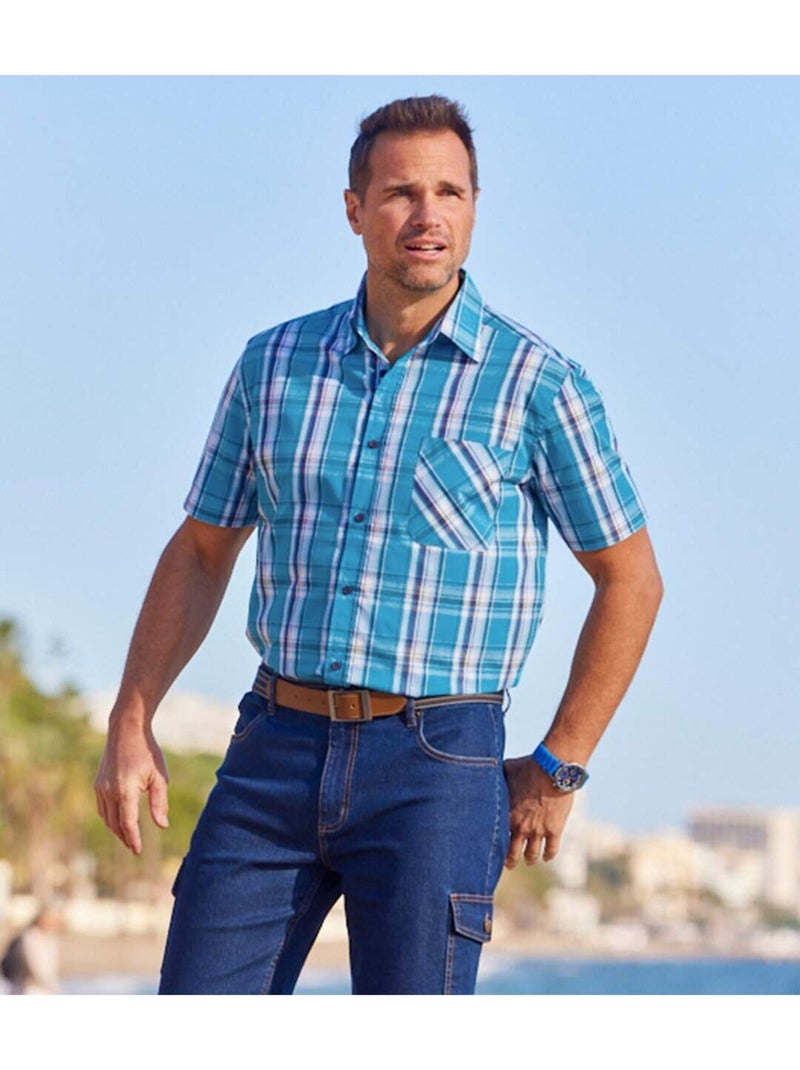 Chemisette à Carreaux Stretch Caraïbes   - ATLAS FOR MEN Bleu - Kiabi