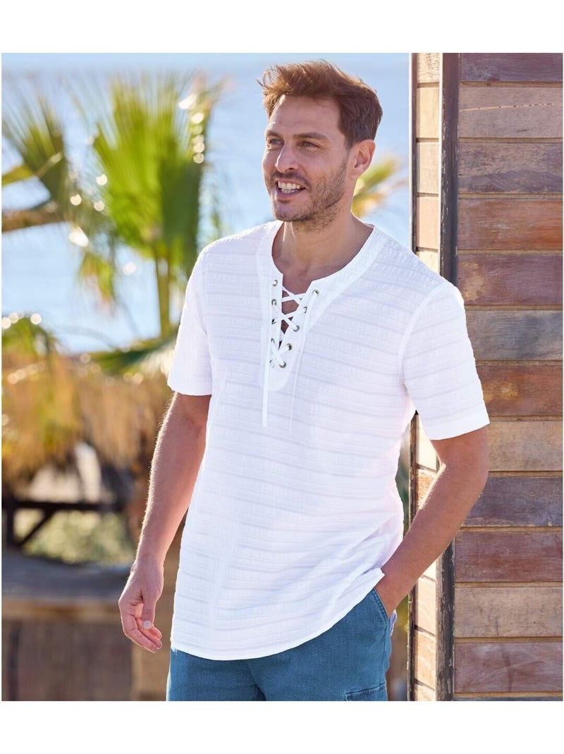 Chemisette Col Lacé Ibiza   - ATLAS FOR MEN Blanc - Kiabi