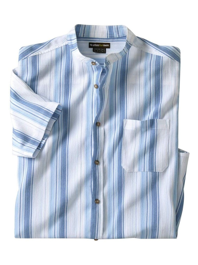 Chemisette Col Mao Crépon Rayée   - ATLAS FOR MEN Blanc Bleu - Kiabi