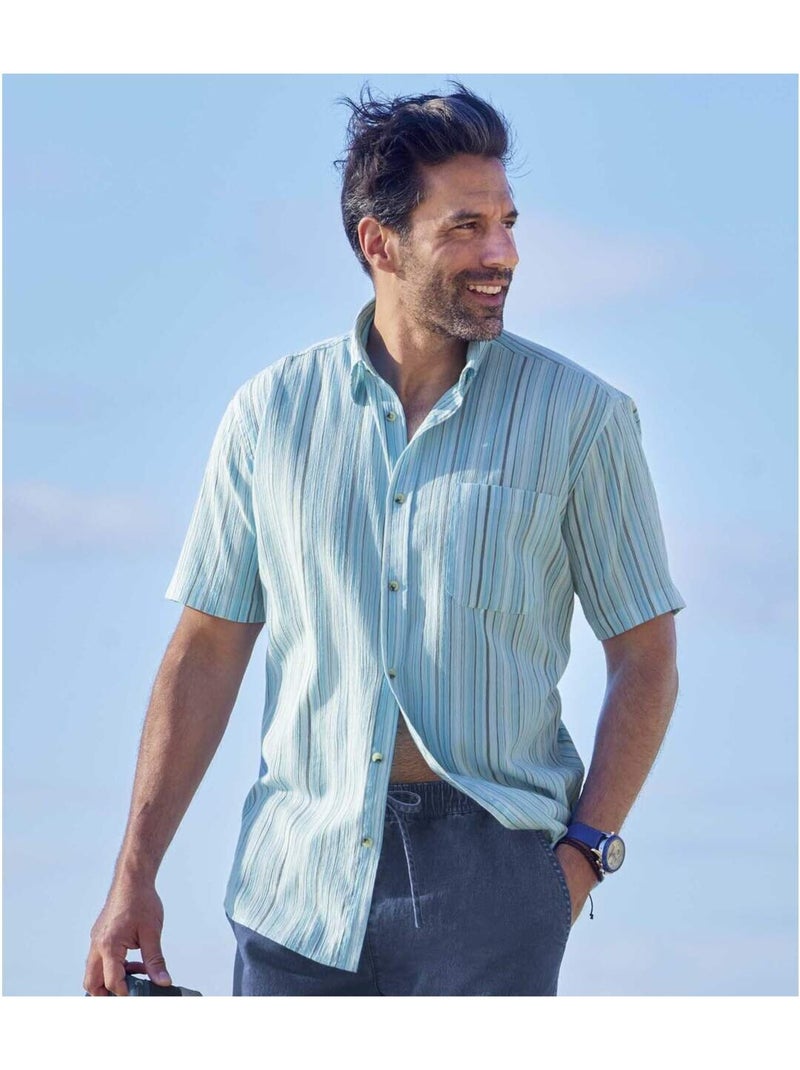 Chemisette Crépon Rayée Athena   - ATLAS FOR MEN Bleu turquoise - Kiabi