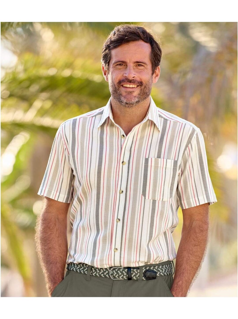 Chemisette en Crépon Rayée   - ATLAS FOR MEN Gris Ecru - Kiabi