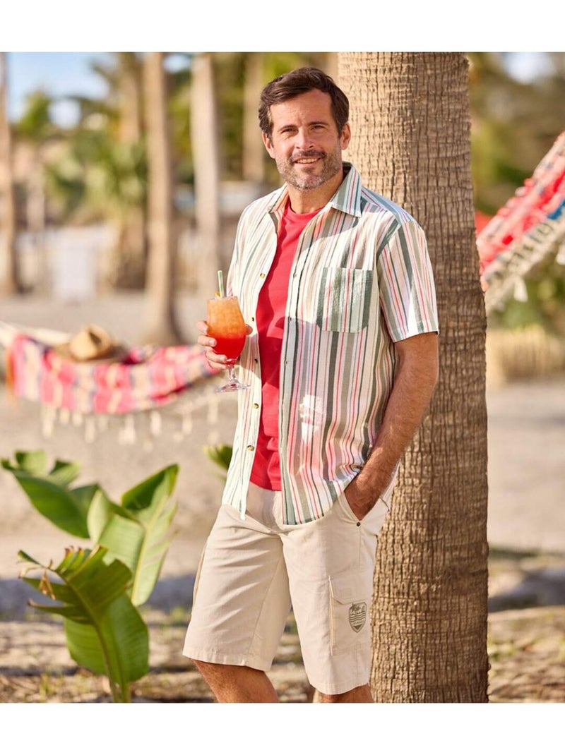 Chemisette en Crépon Rayée   - ATLAS FOR MEN Gris Ecru - Kiabi