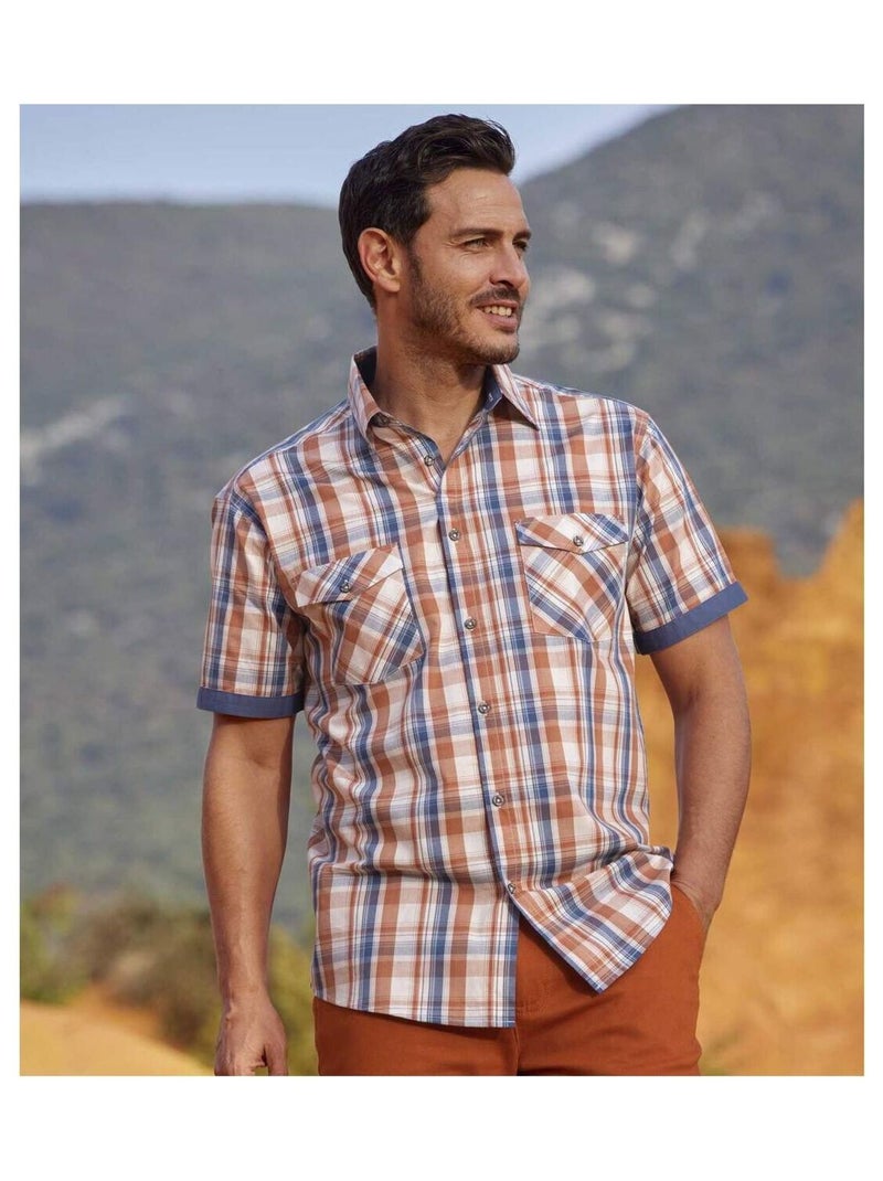 Chemisette en Popeline à Carreaux   - ATLAS FOR MEN Bleu Rouge - Kiabi