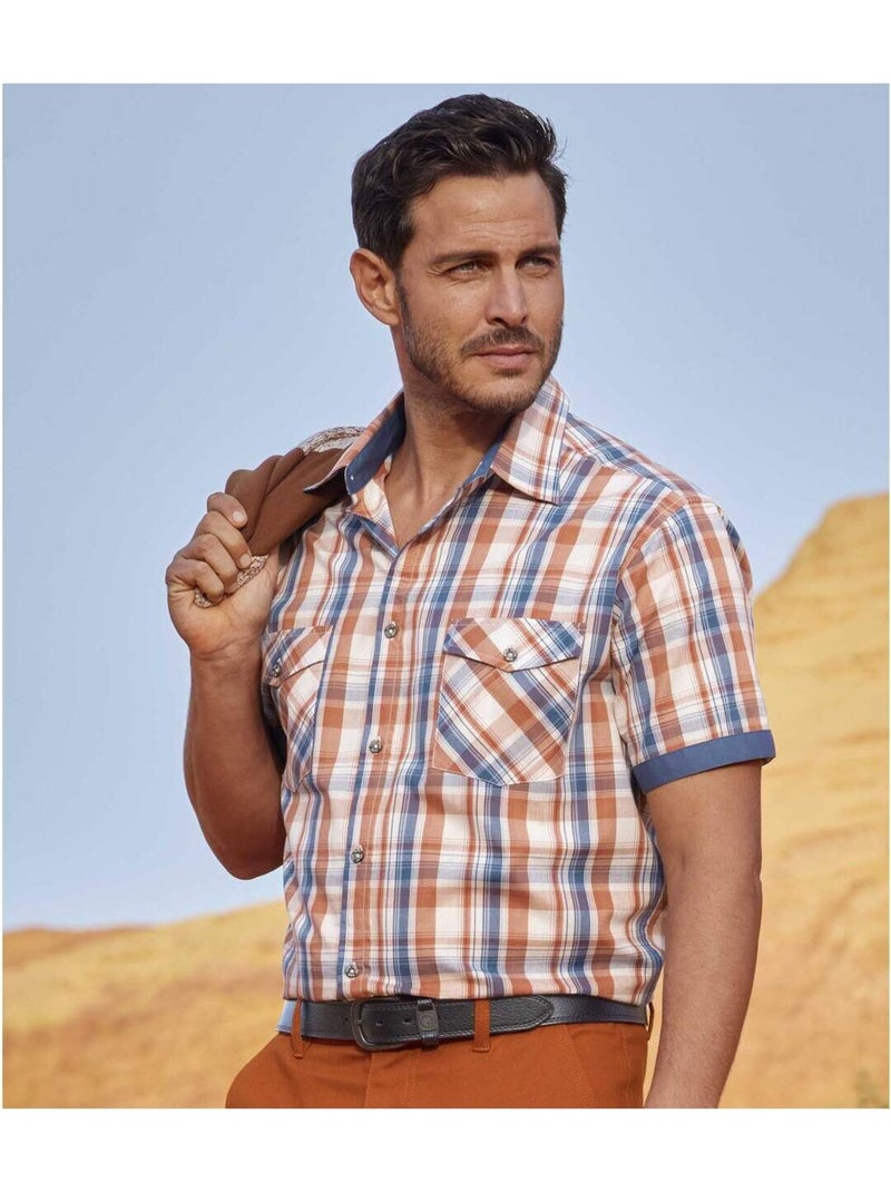 Chemisette en Popeline à Carreaux   - ATLAS FOR MEN Bleu Rouge - Kiabi