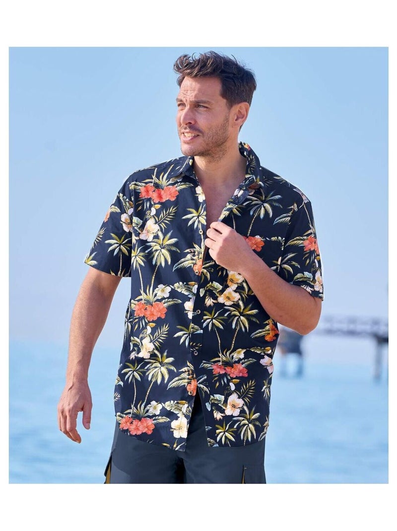 Chemisette en Popeline Hawai   - ATLAS FOR MEN Blanc Bleu - Kiabi