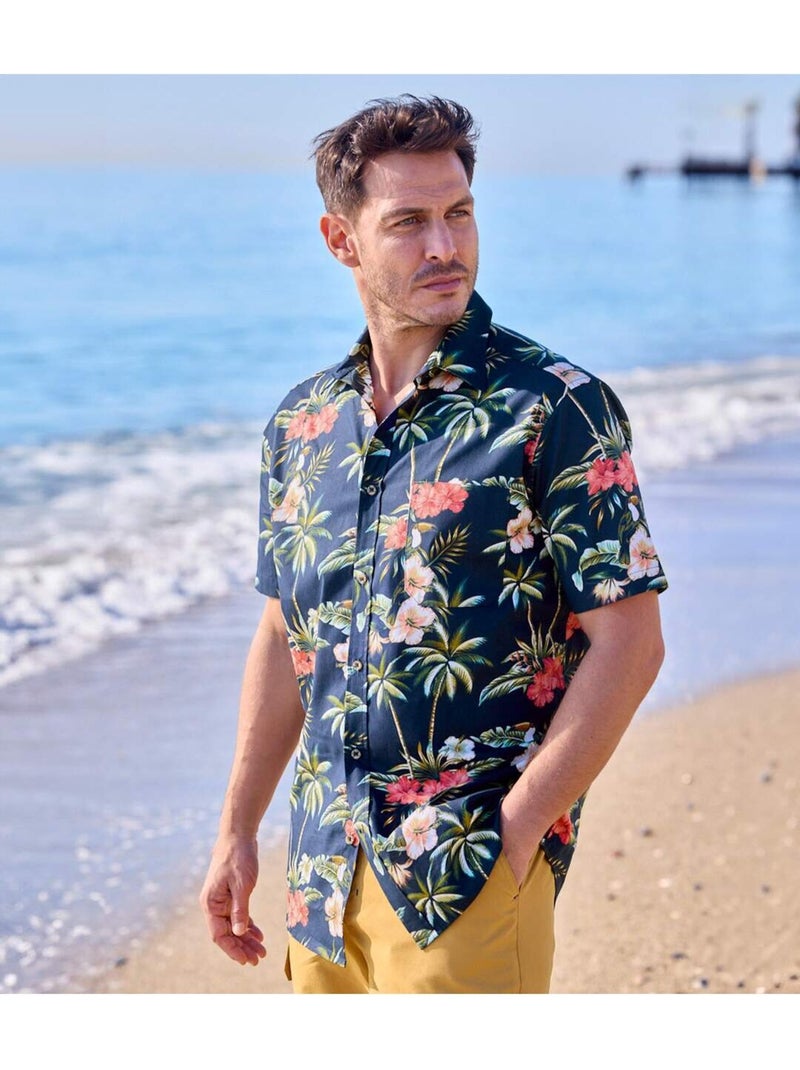 Chemisette en Popeline Hawai   - ATLAS FOR MEN Blanc Bleu - Kiabi