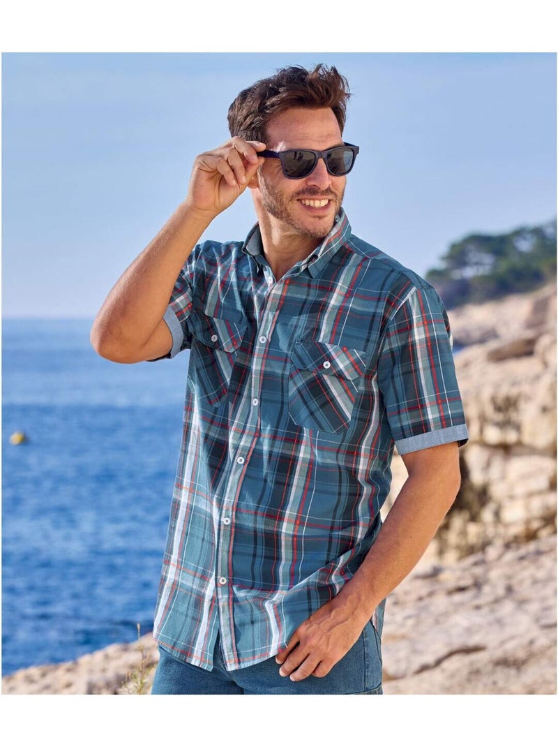 Chemisette Popeline Carreaux - ATLAS FOR MEN Bleu - Kiabi