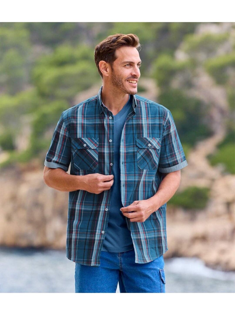 Chemisette Popeline Carreaux - ATLAS FOR MEN Bleu - Kiabi