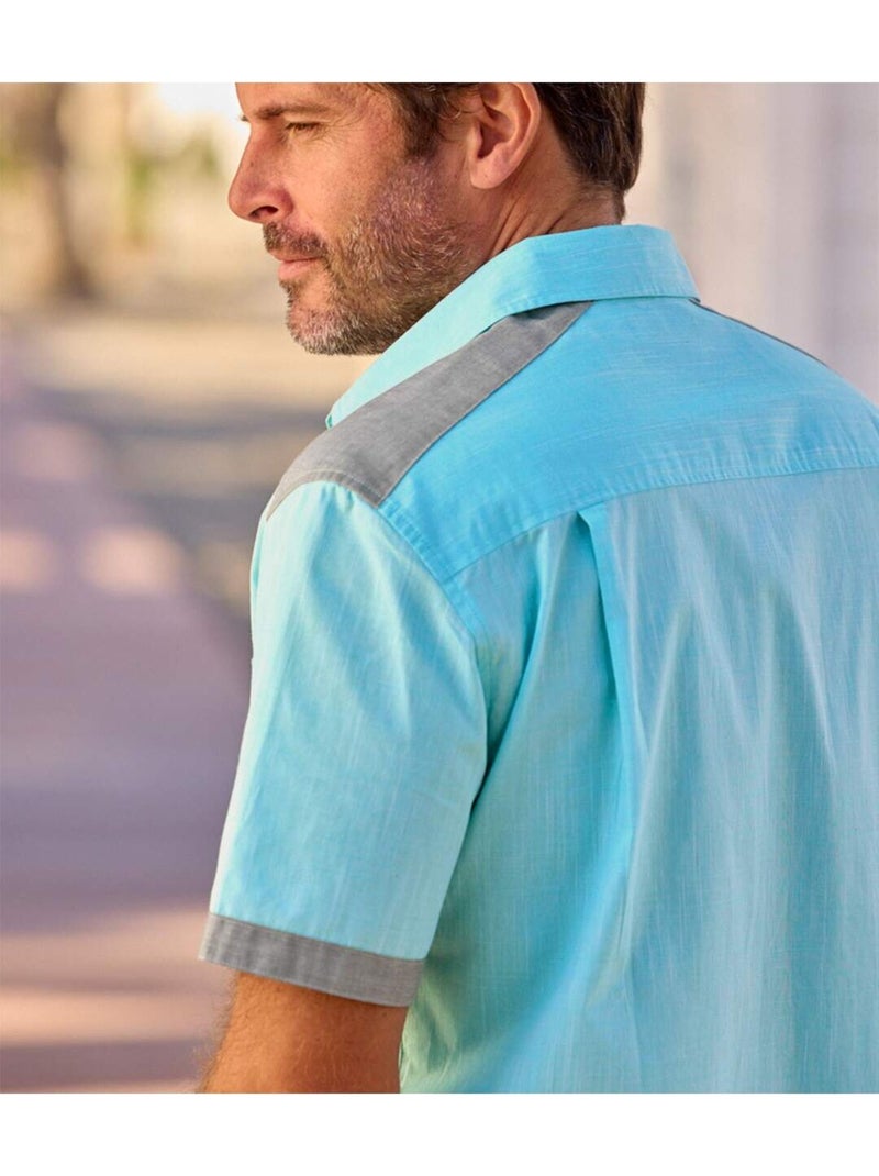 Chemisette Popeline Flammée Caraïbes   - ATLAS FOR MEN Bleu turquoise - Kiabi