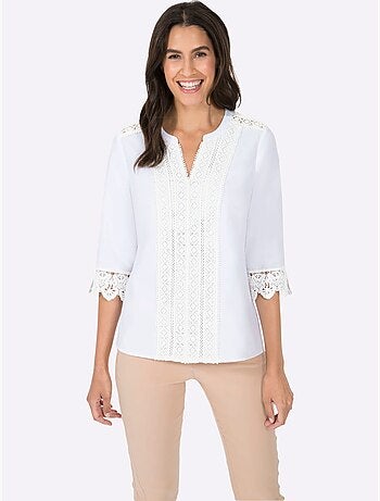 Chemisier 50% coton avec col V et manches 3/4 en dentelle - Taille standard - Witt