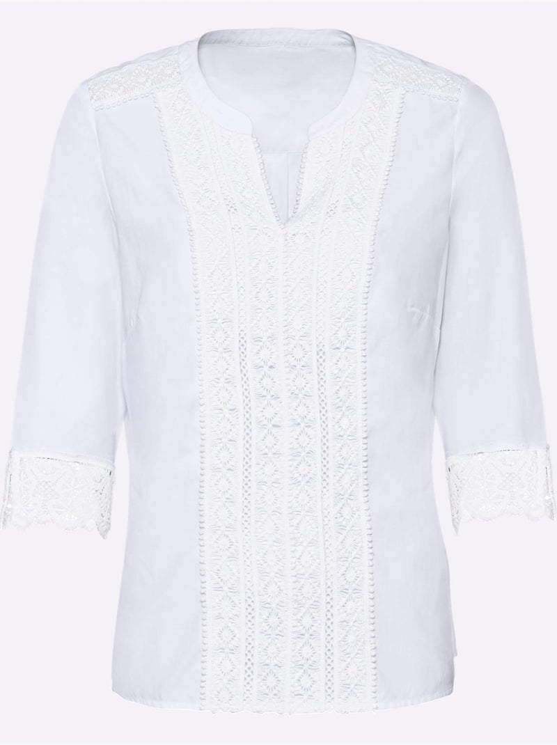 Chemisier 50% coton avec col V et manches 3/4 en dentelle - Taille standard - Witt Blanc - Kiabi