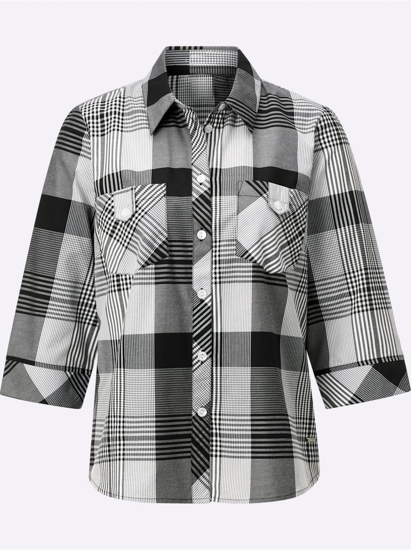 Chemisier à carreaux avec col chemise et manches 3/4 - Taille standard - Witt Noir Blanc - Kiabi