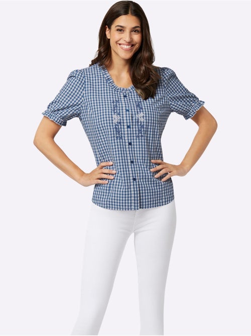 Chemisier à carreaux avec col rond et manches bouffantes - Taille standard - Moda Vilona - Kiabi Chemisier à carreaux avec col rond et manches bouffantes - Taille standard - Moda Vilona - Kiabi