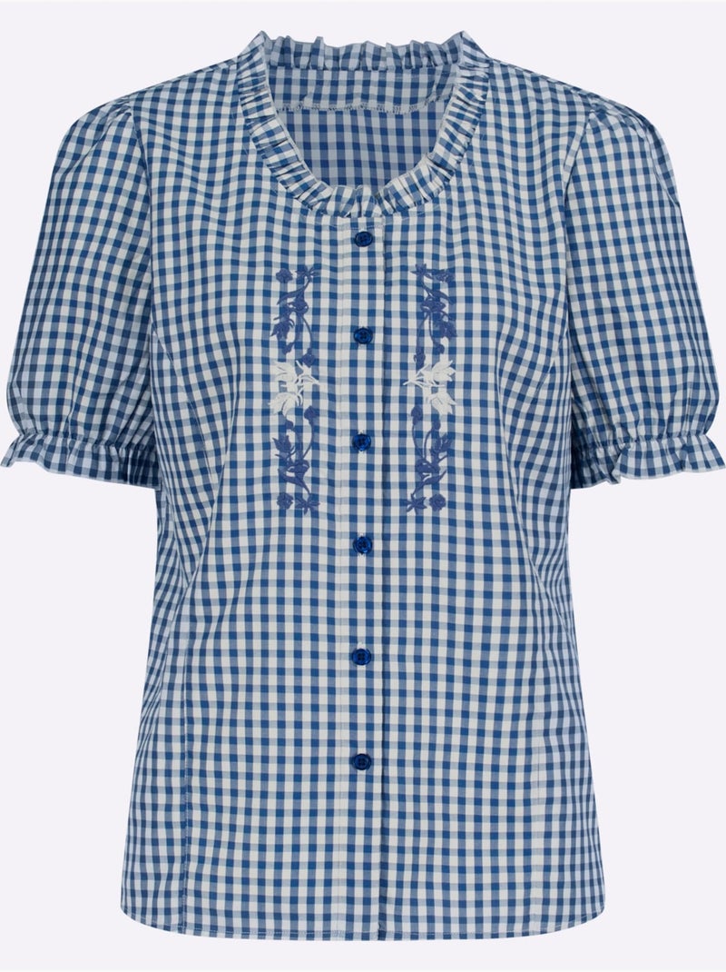 Chemisier à carreaux avec col rond et manches bouffantes - Taille standard - Moda Vilona Bleu jean - Kiabi