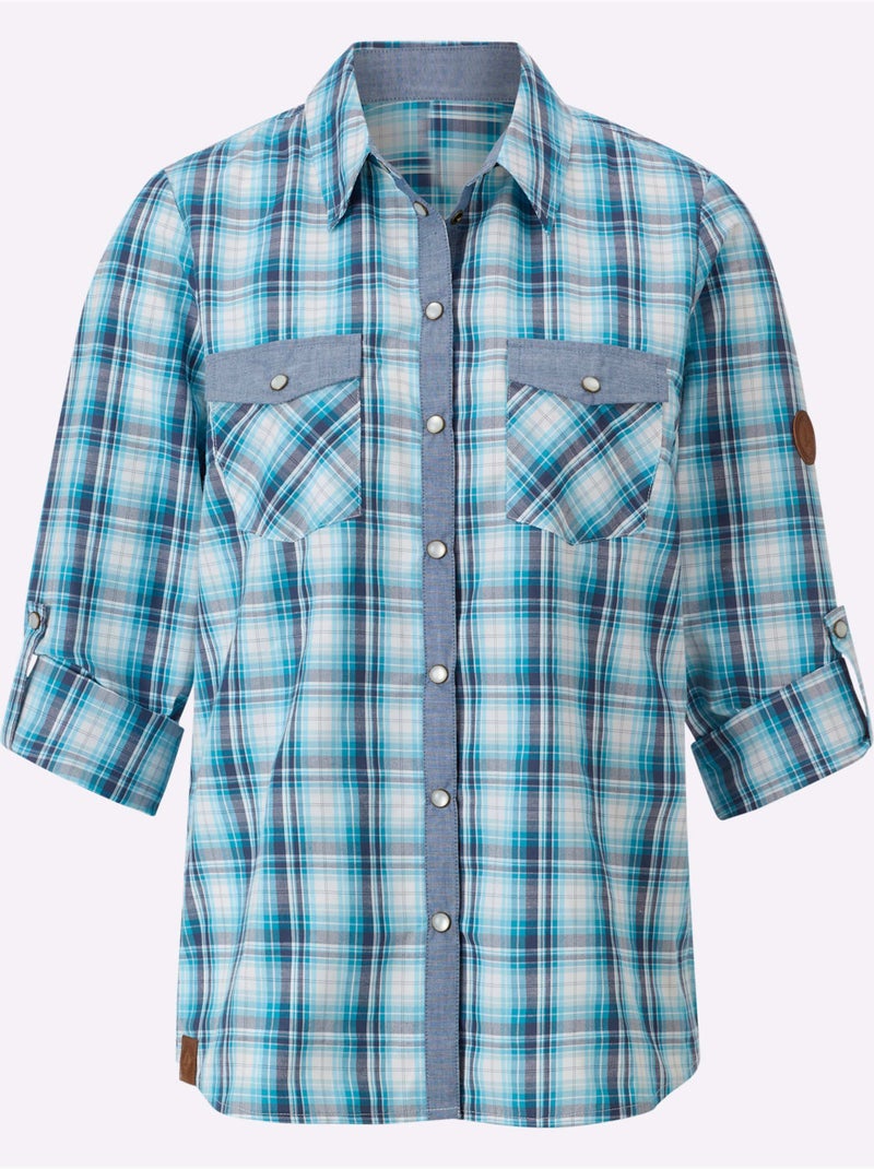 Chemisier à carreaux en coton avec col chemise et poches - Taille standard - Witt Bleu Blanc - Kiabi
