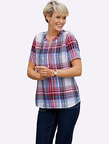Chemisier à carreaux en viscose à encolure ronde et manches courtes - Taille standard - Moda Vilona