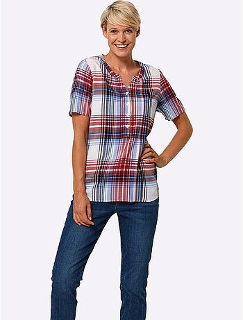 Chemisier à carreaux en viscose à encolure ronde et manches courtes - Taille standard - Moda Vilona