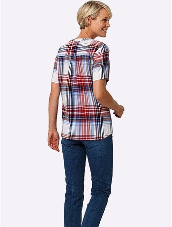 Chemisier à carreaux en viscose à encolure ronde et manches courtes - Taille standard - Moda Vilona