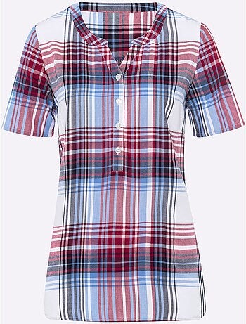 Chemisier à carreaux en viscose à encolure ronde et manches courtes - Taille standard - Moda Vilona
