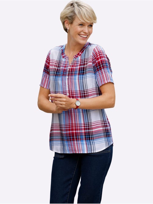 Chemisier à carreaux en viscose à encolure ronde et manches courtes - Taille standard - Moda Vilona - Kiabi Chemisier à carreaux en viscose à encolure ronde et manches courtes - Taille standard - Moda Vilona - Kiabi