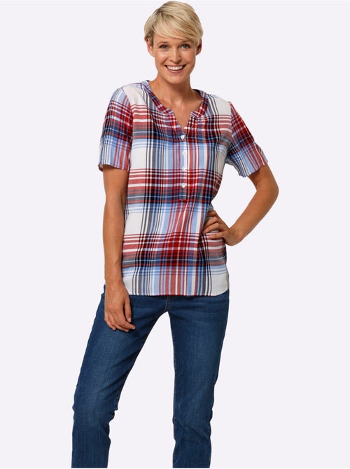 Chemisier à carreaux en viscose à encolure ronde et manches courtes - Taille standard - Moda Vilona - Kiabi Chemisier à carreaux en viscose à encolure ronde et manches courtes - Taille standard - Moda Vilona - Kiabi
