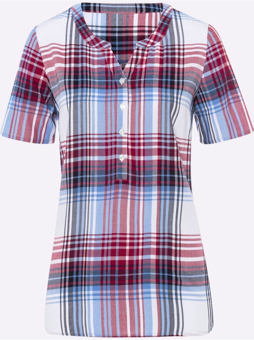Chemisier à carreaux en viscose à encolure ronde et manches courtes - Taille standard - Moda Vilona - Kiabi Chemisier à carreaux en viscose à encolure ronde et manches courtes - Taille standard - Moda Vilona - Kiabi