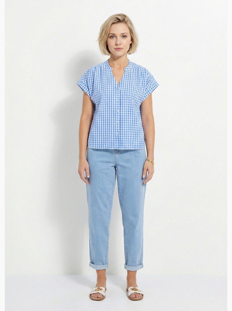 Chemisier à carreaux manches courtes kimono - Afibel Blanc Bleu - Kiabi