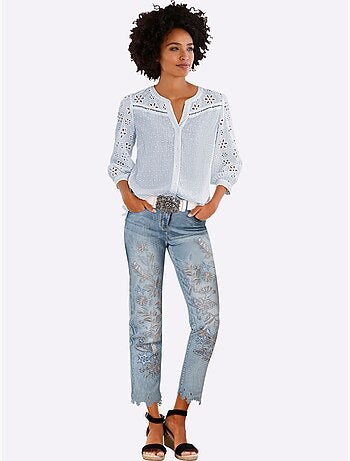 Chemisier en coton à encolure ronde ourlet arrondi et broderie ajourée - Taille standard - Helline