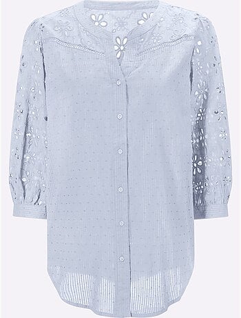Chemisier en coton à encolure ronde ourlet arrondi et broderie ajourée - Taille standard - Helline