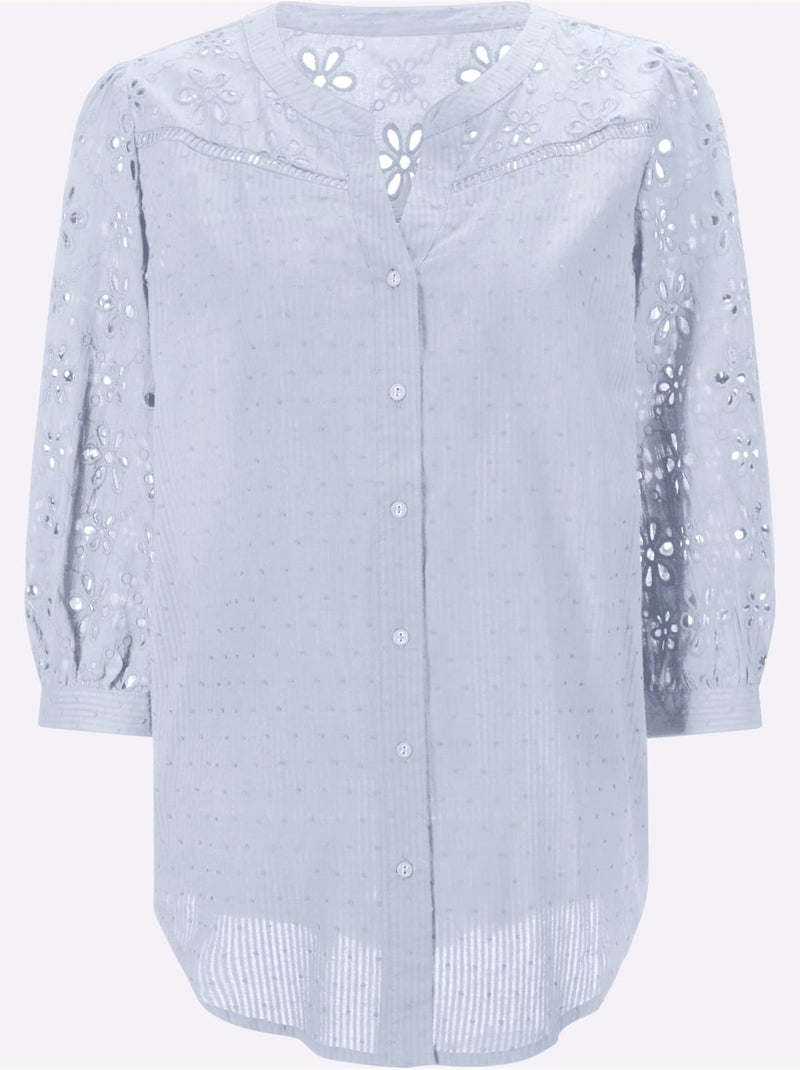 Chemisier à col en V et manches 3/4 broderie ajourée - Taille standard - Helline Bleu clair - Kiabi