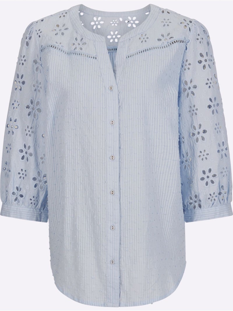 Chemisier à col en V et manches 3/4 broderie ajourée - Taille standard - Helline Bleu clair - Kiabi