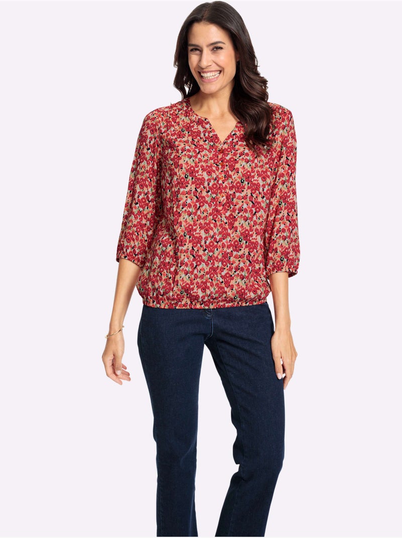 Chemisier à col V avec manches 3/4 et motif fleuri - Taille standard - Witt Vert/Rouge - Kiabi